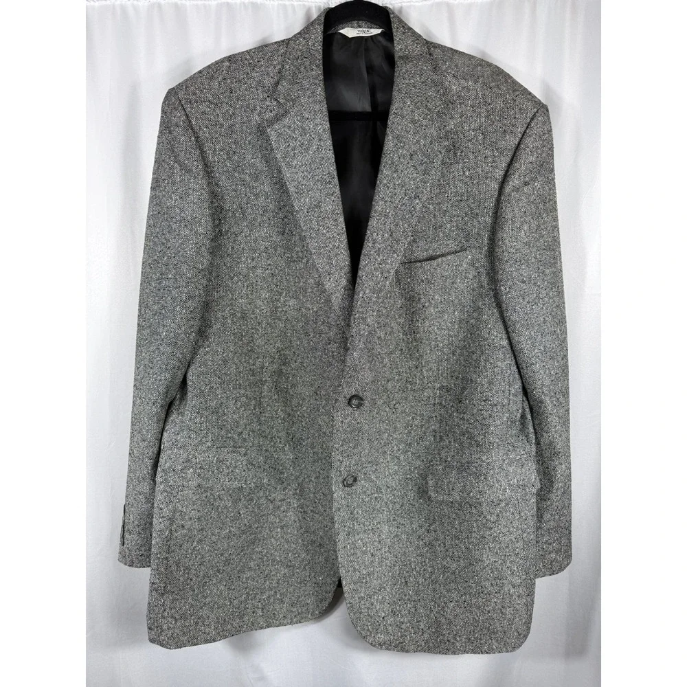 Vintage Versini Mens 46L 100% Silk Blazer Grey Salt and Pepper Tweed Two Button